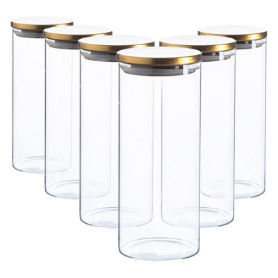 B&Q -  Glass Storage JarsGold Lid1.5 LitreModern Round Scandi Organisation Container Glass JarSet Of 6