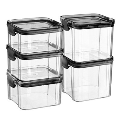 B&Q -  5Pc Food Storage Containers SetBlack Reusable Airtight Stackable Meal Prep Lunch Box & Clip-Lock Lid2 Sizes