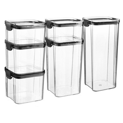 B&Q -  6Pc Food Storage Containers SetBlack Reusable Airtight Stackable Meal Prep Lunch Box & Clip-Lock Lid4 Sizes