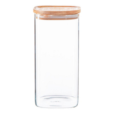 Argon Tableware Glass Storage Jar With Airtight Wooden Lid1.5LSquare Cube Kitchen Storage Container Preserving Jars from B&Q