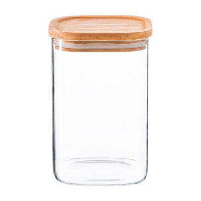 Argon Tableware Glass Storage Jar With Airtight Wooden Lid1.1LSquare Cube Kitchen Storage Container Preserving Jars from B&Q