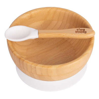Tiny Dining Bamboo Suction Bowl & SpoonWhiteBamboo Baby Toddler Dinner Dessert Cereal Bowl & Silicone Spoon Weaning Set from B&Q
