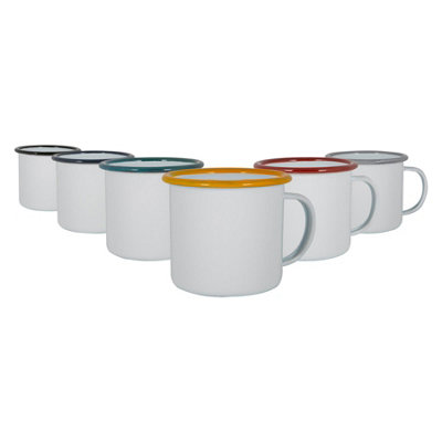 B&Q -  375Ml Enamel Mugs Set6 Rim ColoursMetal Drinking Cups Coffee Teacup Mug Set HotCold Drinks Cups