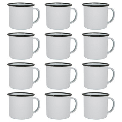 B&Q -  375Ml Enamel MugsBlack RimSet Of 12 Metal Drinking Cups Coffee Teacup Mug Set HotCold Drinks Cups