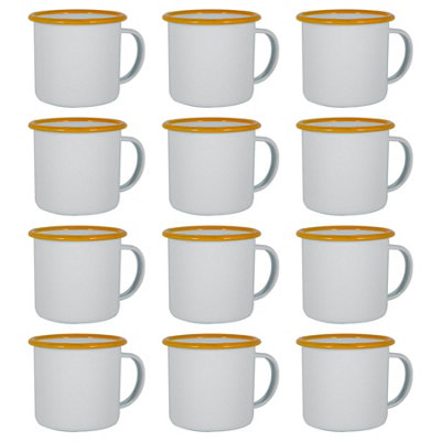 B&Q -  375Ml Enamel MugsYellow RimSet Of 12 Metal Drinking Cups Coffee Teacup Mug Set HotCold Drinks Cups