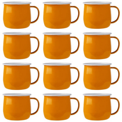B&Q -  375Ml Enamel Belly MugsYellowSet Of 12 Metal Drinking Cups Coffee Teacup Mug Set HotCold Drinks Cups