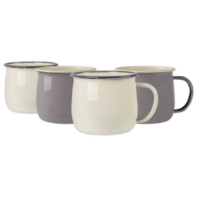 B&Q -  375Ml Enamel Belly Mugs SetGrey/creamMetal Drinking Cups Coffee Teacup Mug Set HotCold Drinks Cups