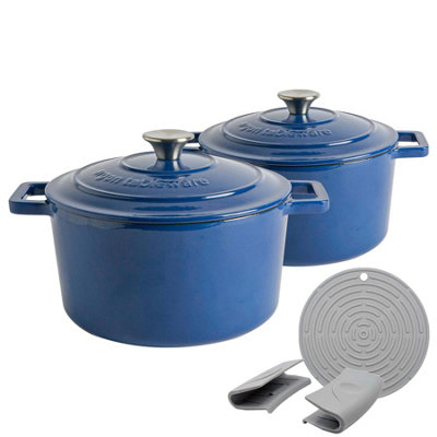 B&Q -  2X Round Cast Iron Casserole Dishes With Self-Basting LidMidnight Blue4.5 Litre Dutch Oven Roasting Dish Pot