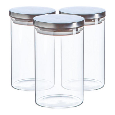 B&Q -  Glass Storage JarsSilver Lid1 LitreModern Round Scandi Organisation Container Glass JarSet Of 3