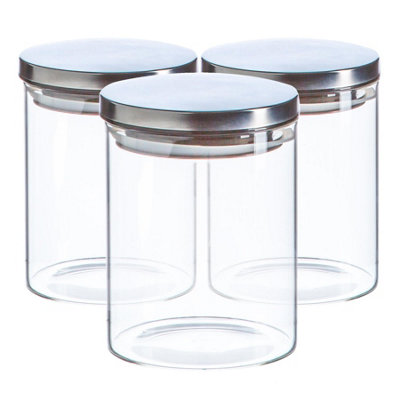 B&Q -  Glass Storage JarsSilver Lid750MlModern Round Scandi Organisation Container Glass JarSet Of 3