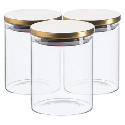 Argon Tableware Glass Storage JarsGold Lid750MlModern Round Scandi Organisation Container Glass JarSet Of 3 from B&Q