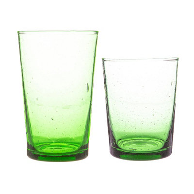 Nicola Spring 12Pc Meknes Glassware SetHand-Blown Moroccan Recycled Glass Highball Whisky Drinking TumblersGreen Glass from B&Q