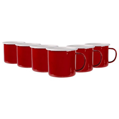 B&Q -  375Ml Enamel MugsRedSet Of 6 Metal Drinking Cups Coffee Teacup Mug Set HotCold Drinks Cups