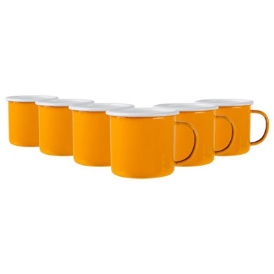B&Q -  375Ml Enamel MugsYellowSet Of 6 Metal Drinking Cups Coffee Teacup Mug Set HotCold Drinks Cups