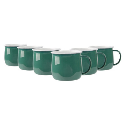 B&Q -  375Ml Enamel Belly MugsGreenSet Of 6 Metal Drinking Cups Coffee Teacup Mug Set HotCold Drinks Cups
