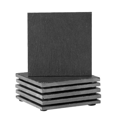 B&Q -  6X Linea Slate CoastersSquare Drink Coasters Black Stone Natural Slate Smooth Edge Drink Mat Cup Mats