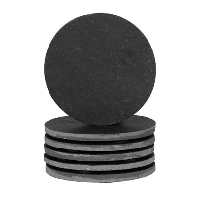 B&Q -  6X Linea Slate CoastersRound Drink Coasters Black Stone Natural Slate Smooth Edge Drink Mat Cup Mats