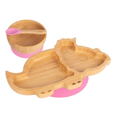 Tiny Dining 3Pc Bamboo Suction Feeding SetDinosaur/pinkDivided Non-Slip Bamboo Baby Self-Feeding Dining Weaning Set from B&Q