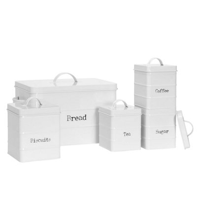 B&Q -  Metal Kitchen Canister SetWhite5Pc Vintage Retro Food Storage Canister Caddy Container Bread Bin