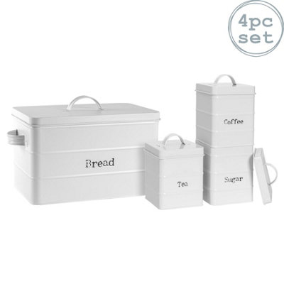 Harbour Housewares 4 Piece Kitchen Canisters SetWhiteVintage Metal Storage Caddy Bread Bin Jar from B&Q