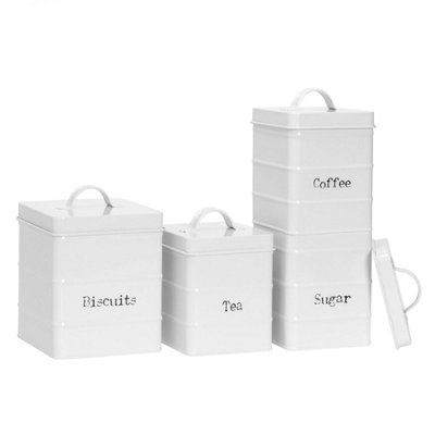Harbour Housewares 4 Piece Vintage Metal Kitchen Canisters Set - White