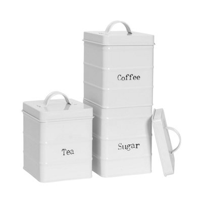 B&Q -  Metal Tea Coffee Sugar Canister SetWhite3Pc Vintage Retro Food Storage Canister Caddy Container Tin
