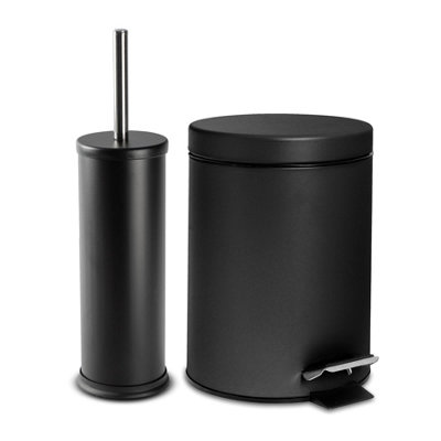 Harbour Housewares 3L Bathroom Bin & Brush SetMatt BlackRound Stainless Steel Slim Trashcan Pedal Bin & Toilet Brush Set from B&Q
