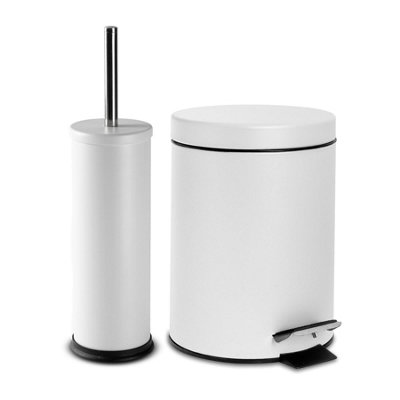 Harbour Housewares 3L Bathroom Bin & Brush SetMatt WhiteRound Stainless Steel Slim Trashcan Pedal Bin & Toilet Brush Set from B&Q