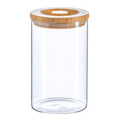 B&Q -  Glass Storage JarCarved Wood Lid1 LitreModern Round Scandi Organisation Container Glass Jar