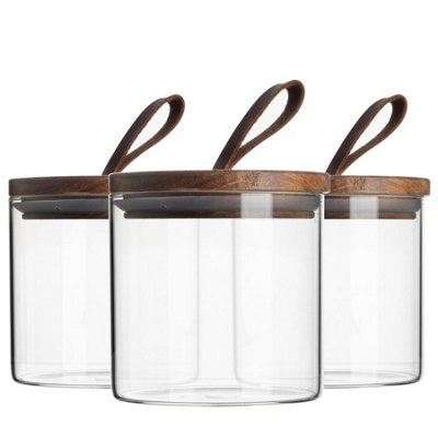B&Q -  Glass Storage JarsLeather Loop Lid550MlModern Round Scandi Organisation Container Glass JarSet Of 3