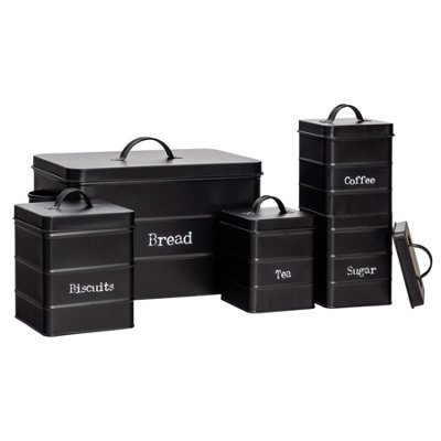 B&Q -  Metal Kitchen Canister SetBlack5Pc Vintage Retro Food Storage Canister Caddy Container Bread Bin