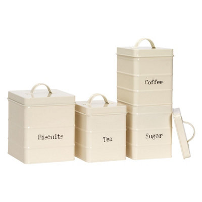 Harbour Housewares 4 Piece Vintage Metal Kitchen Canisters Set - Cream