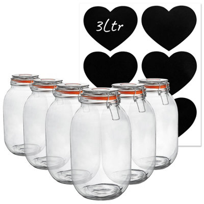 Argon Tableware 6X Glass Storage Jars & Heart Labels Set3L/105.5Oz4 Seals Airtight Kitchen Storage Container Preserving Jar from B&Q