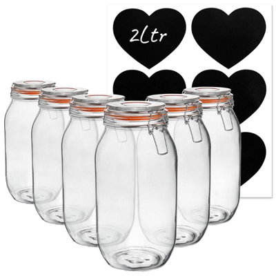 Argon Tableware 6X Glass Storage Jars & Heart Labels Set2L/70.3Oz4 Seals Airtight Kitchen Storage Container Preserving Jar from B&Q