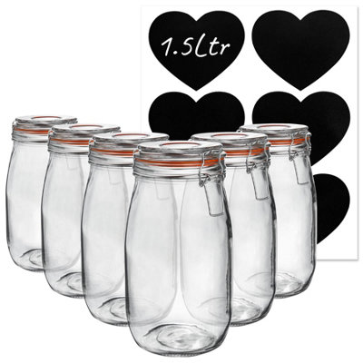 Argon Tableware 6X Glass Storage Jars & Heart Labels Set1.5L/50.7Oz4 Seals Airtight Kitchen Storage Container Preserving Jar from B&Q