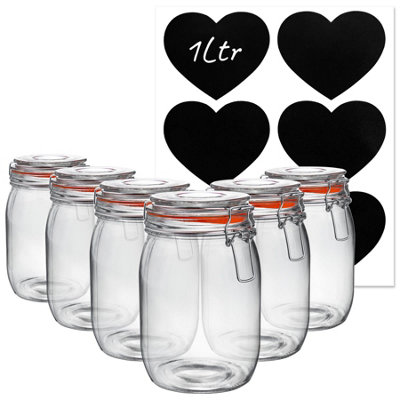 Argon Tableware 6X Glass Storage Jars & Heart Labels Set1L/33.8Oz4 Seals Airtight Kitchen Storage Container Preserving Jar from B&Q