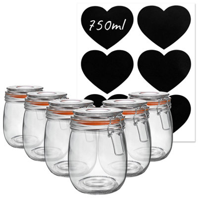 B&Q -  6X Glass Storage Jar & Heart Labels Set750Ml/26.4Oz4 Seals Airtight Kitchen Storage Container Preserving Jar