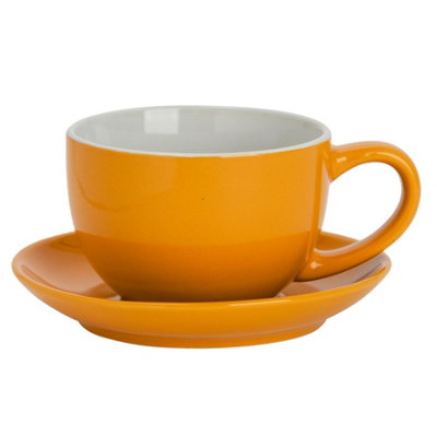B&Q -  250Ml Cappuccino Cup With SaucerYellow Gloss Stoneware Cappuccino Cups And Saucer Set Tea Coffee Mugs