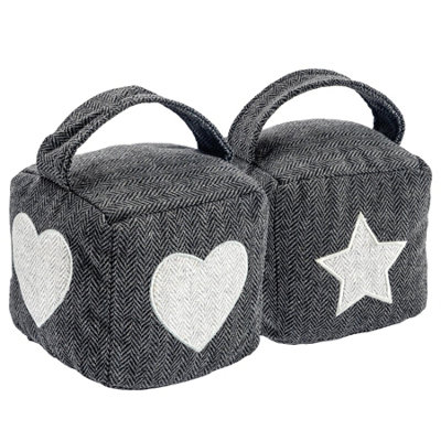 Nicola Spring Mismatched Herringbone Door Stop Set - 16 X 16Cm - Star/Heart - Pack Of 2 Grey