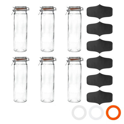 Argon Tableware Glass Spaghetti Jar With Labels - 2 Litre - Seal - Pack Of 6 Orange