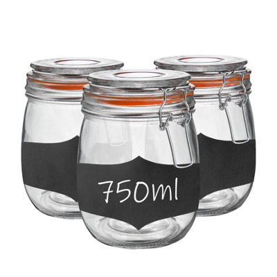 Argon Tableware Orange Glass Storage Jars With Labels - Seal - Pack Of 3 750Ml
