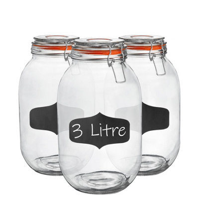 B&Q -  3X Glass Storage Jars & Labels Set3L/105.5Oz4 Colour Seals Airtight Kitchen Storage Container Preserving Jar