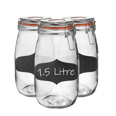 Argon Tableware Glass Storage Jars With Labels - 1.5 Litre - Seal - Pack Of 3 Orange