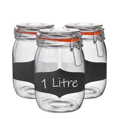 Argon Tableware 3X Glass Storage Jars & Labels Set1L/33.8Oz4 Colour Seals Airtight Kitchen Storage Container Preserving Jar from B&Q