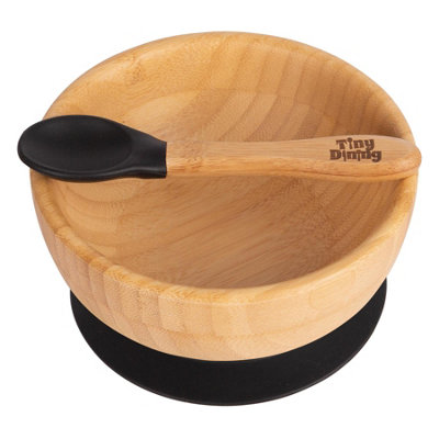 Tiny Dining Bamboo Suction Bowl & SpoonBlackBamboo Baby Toddler Dinner Dessert Cereal Bowl & Silicone Spoon Weaning Set from B&Q