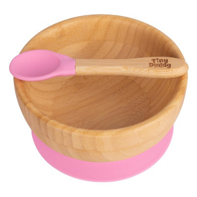 Tiny Dining Bamboo Suction Bowl & SpoonPinkBamboo Baby Toddler Dinner Dessert Cereal Bowl & Silicone Spoon Weaning Set from B&Q