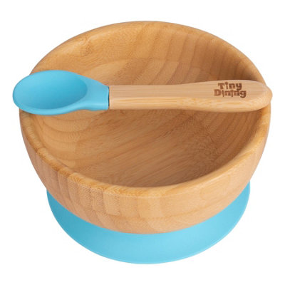 Tiny Dining Bamboo Suction Bowl & SpoonBlueBamboo Baby Toddler Dinner Dessert Cereal Bowl & Silicone Spoon Weaning Set from B&Q