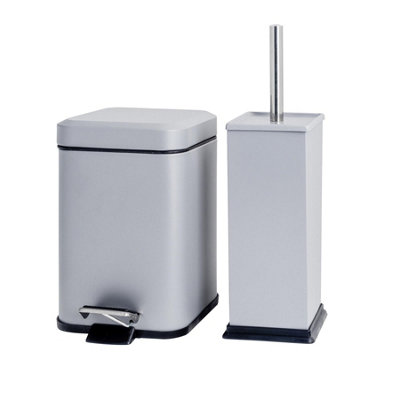 Harbour Housewares 3L Bathroom Bin & Brush SetMatt GreySquare Stainless Steel Slim Trashcan Pedal Bin & Toilet Brush Set from B&Q