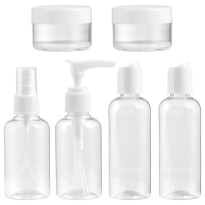 Hardys 7 Piece Travel Toiletry Set100Ml Bottles75Ml Pump Dispenser25Ml JarsClear Bpa Free Plastic With Clear Travel Bag from B&Q