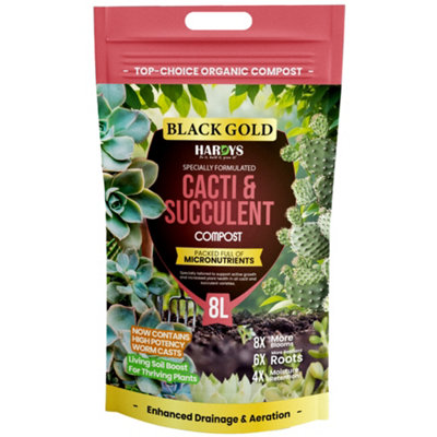 Hardys 8L Black Gold Cacti & Succulent Compost Potting MixOrganic Worm Cast Soil With LoamBarkPerlite10/10/10 Npk from B&Q